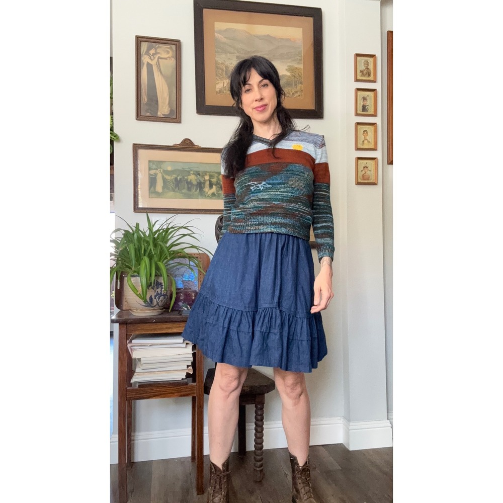 Vintage 70s Space Dyed Mountain Landscape V-Neck Sweater Rust Blue Green Sun - Picture 5 of 6